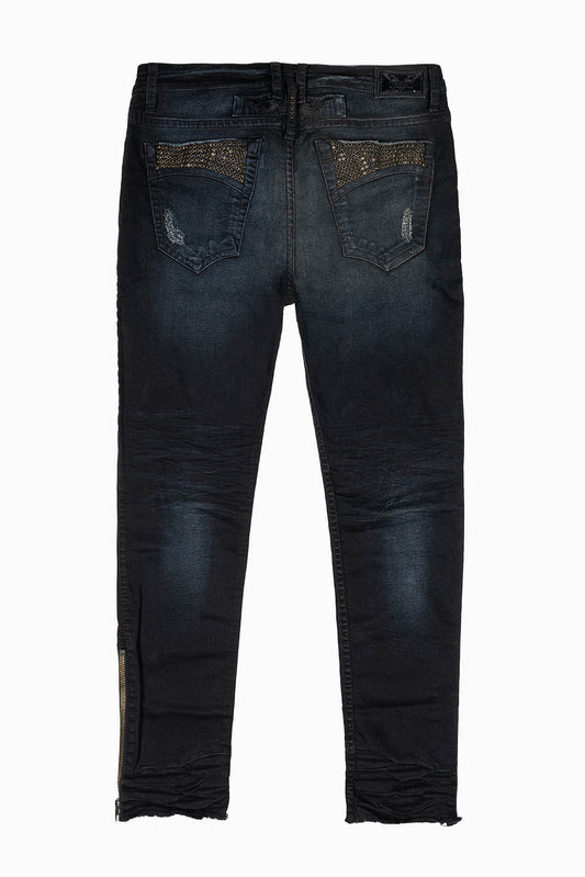MENS SKINNY LEG ZIPPER JEANS IN F_UP BLK  WITH EMBELLISHMENT