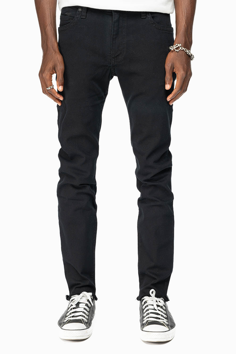 MENS LONG FLAP SKINNY JEANS IN PURE BLACK EMBELISHED WITH CRYSTALS AND SPIKE
