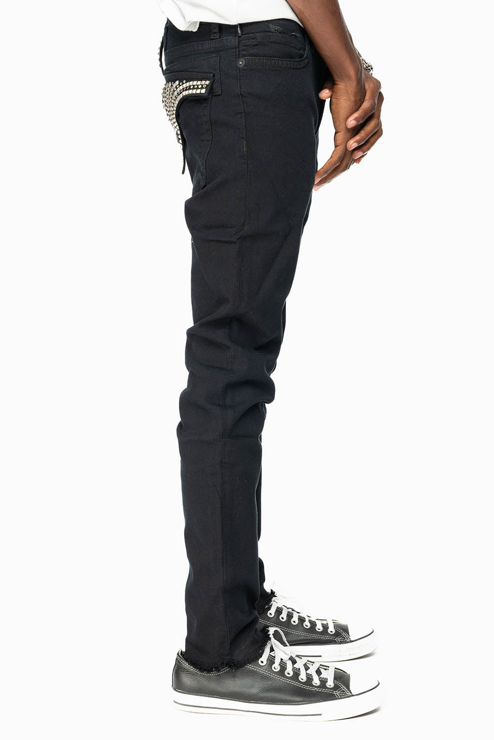 MENS LONG FLAP SKINNY JEANS IN PURE BLACK EMBELISHED WITH CRYSTALS AND SPIKE