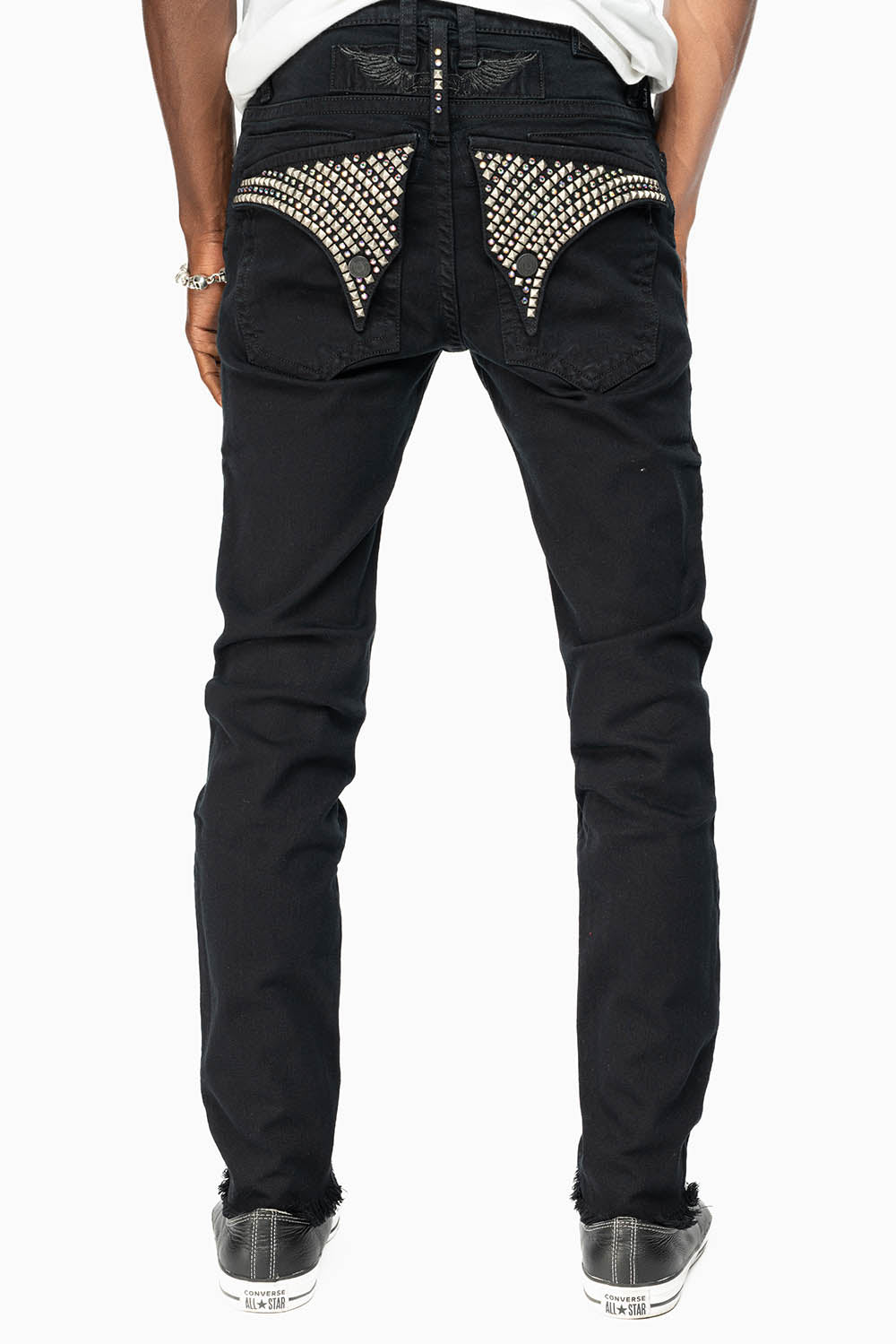 MENS LONG FLAP SKINNY JEANS IN PURE BLACK EMBELISHED WITH CRYSTALS AND SPIKE