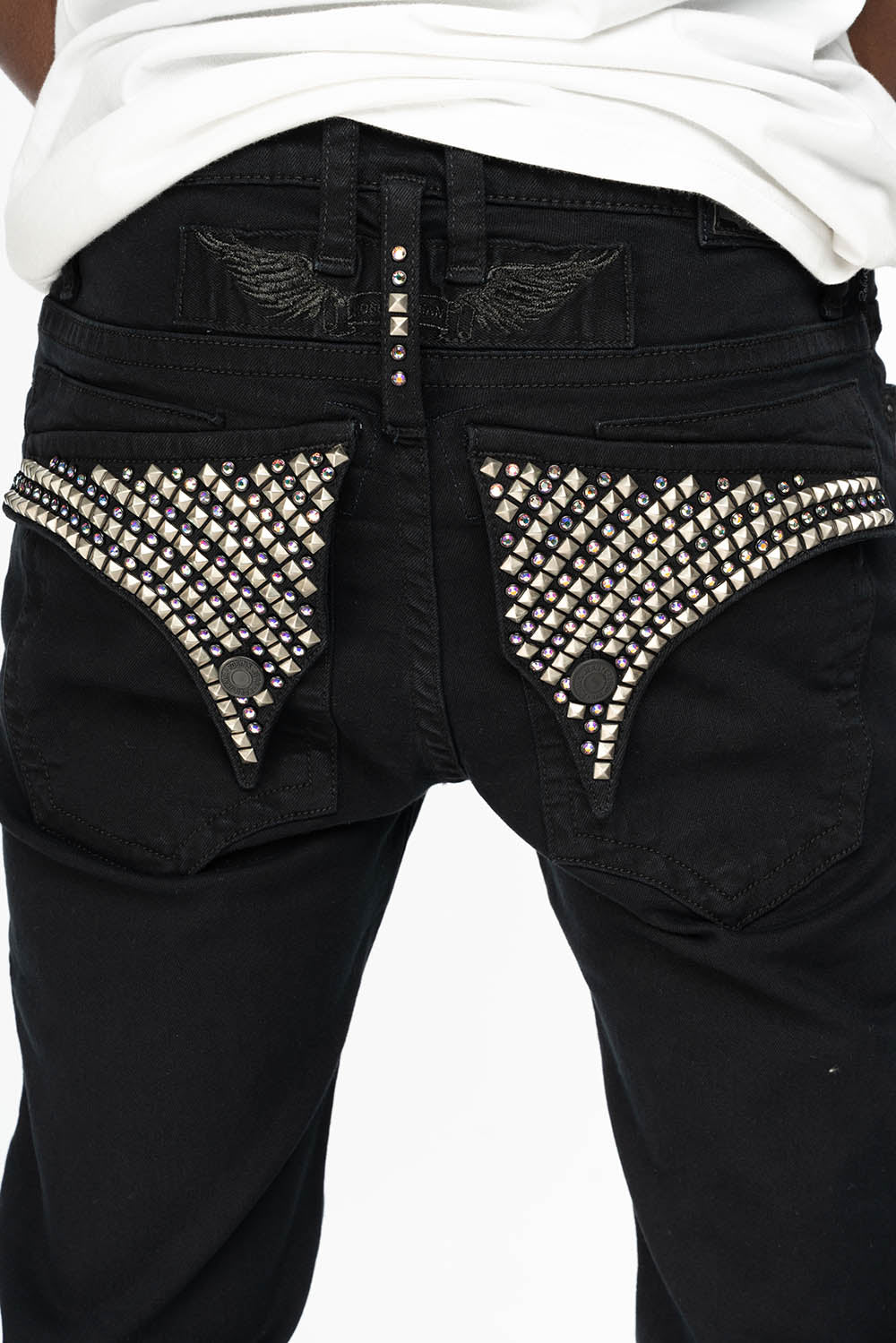 MENS LONG FLAP SKINNY JEANS IN PURE BLACK EMBELISHED WITH CRYSTALS AND SPIKE