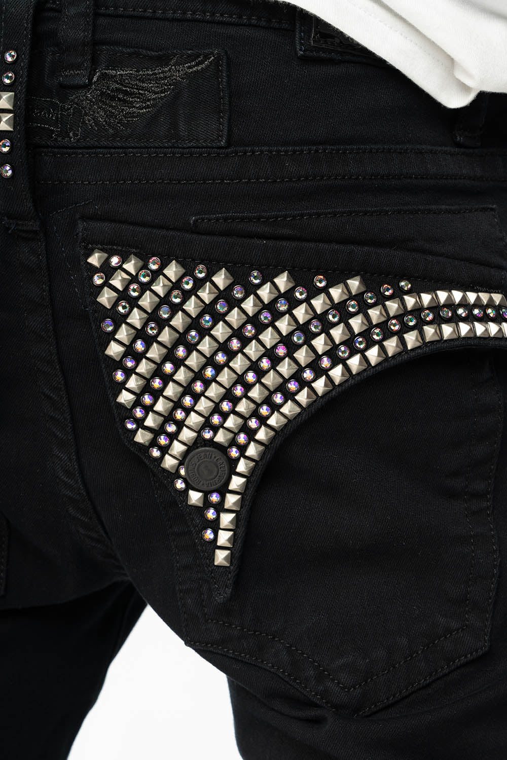 MENS LONG FLAP SKINNY JEANS IN PURE BLACK EMBELISHED WITH CRYSTALS AND SPIKE