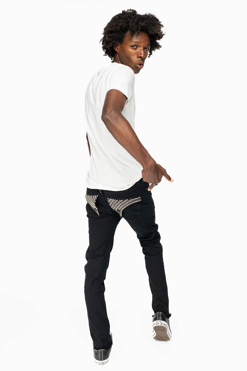 MENS LONG FLAP SKINNY JEANS IN PURE BLACK EMBELISHED WITH CRYSTALS AND SPIKE