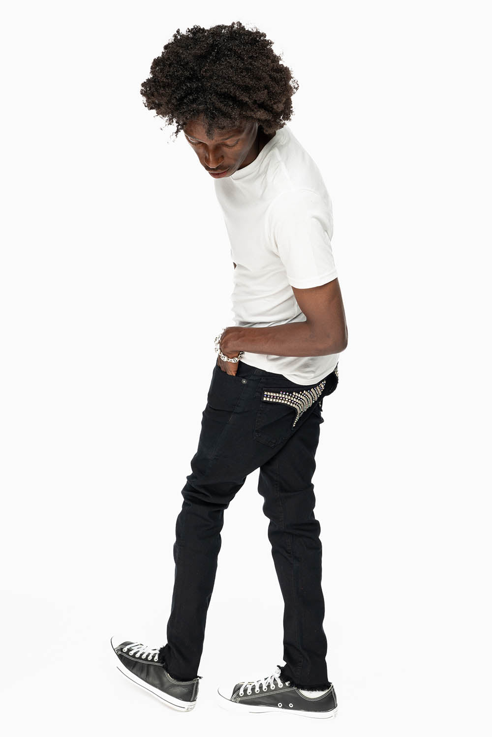 MENS LONG FLAP SKINNY JEANS IN PURE BLACK EMBELISHED WITH CRYSTALS AND SPIKE