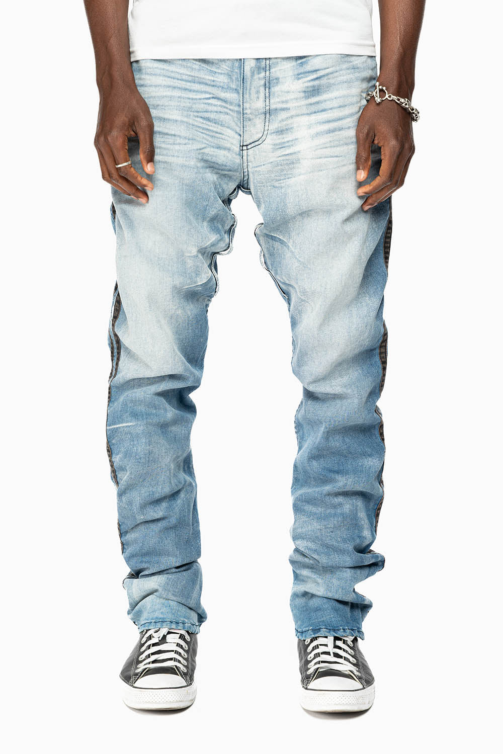 MENS LIMITED EDITION WARRIOR MILITARY JEAN- PANTS IN BLUE OMAHA LIGHT WASH WITH CRYSTALS