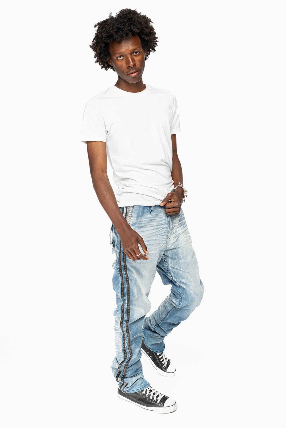 MENS LIMITED EDITION WARRIOR MILITARY JEAN- PANTS IN BLUE OMAHA LIGHT WASH WITH CRYSTALS