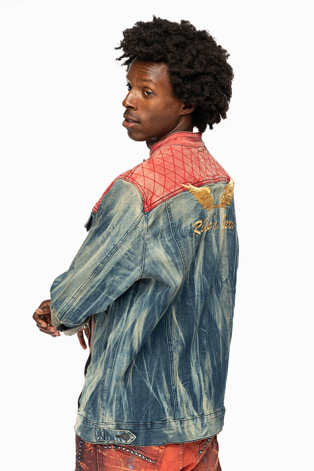 ROBIN’S DENIM JACKET WITH ZIPPER AND RED PADDED INSERT