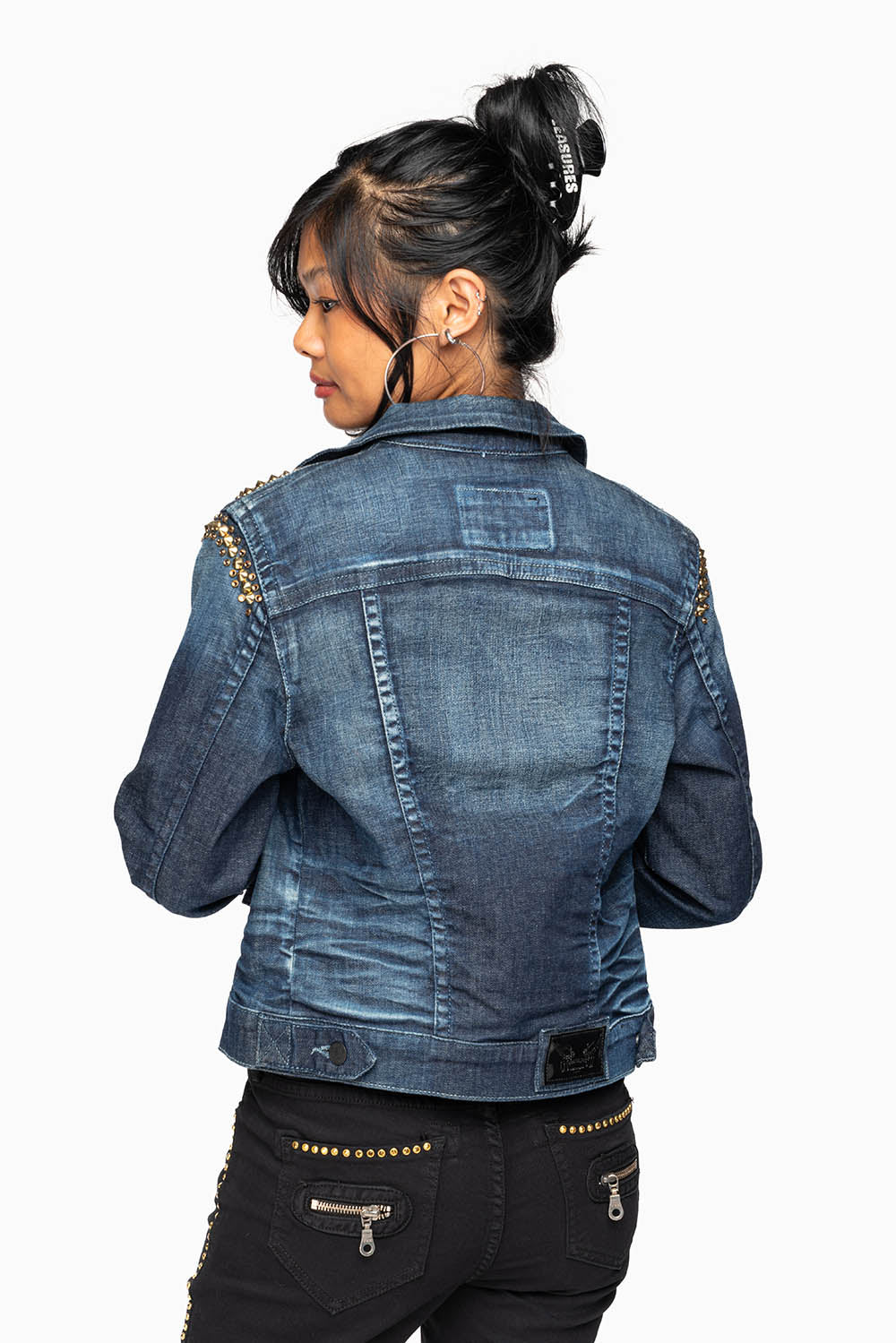 ROBIN'S JEAN DENIM JACKET IN LIBERTY DARK WASH WITH GOLD STUDS AND CRYSTALS