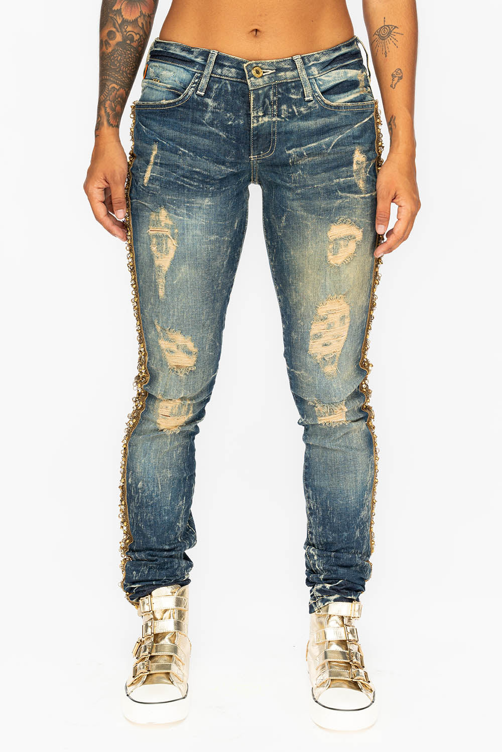 KILLER FLAP WOMENS RIPPED MID RISE SKINNY JEANS IN 4D DARK BROKEN WASH WITH EMBELLISHMENT