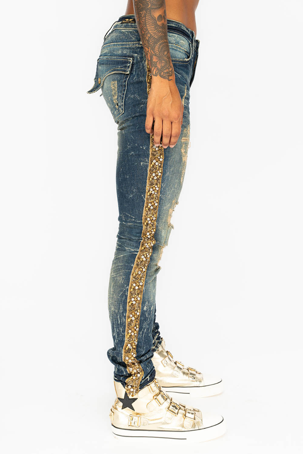 KILLER FLAP WOMENS RIPPED MID RISE SKINNY JEANS IN 4D DARK BROKEN WASH WITH EMBELLISHMENT
