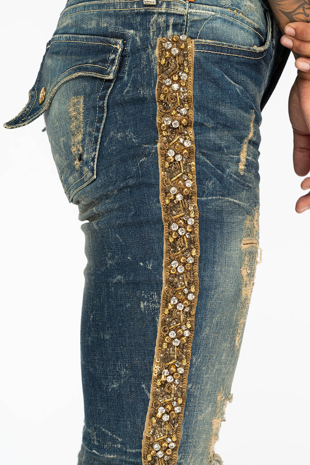 KILLER FLAP WOMENS RIPPED MID RISE SKINNY JEANS IN 4D DARK BROKEN WASH WITH EMBELLISHMENT