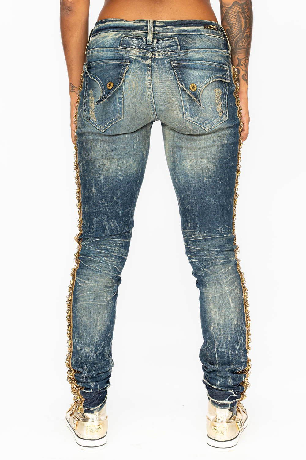 KILLER FLAP WOMENS RIPPED MID RISE SKINNY JEANS IN 4D DARK BROKEN WASH WITH EMBELLISHMENT