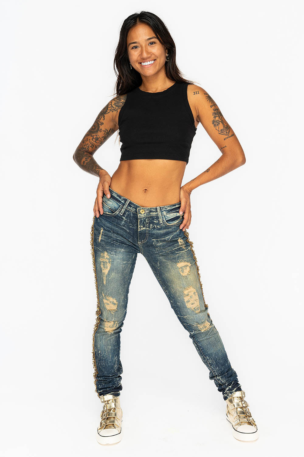 KILLER FLAP WOMENS RIPPED MID RISE SKINNY JEANS IN 4D DARK BROKEN WASH WITH EMBELLISHMENT
