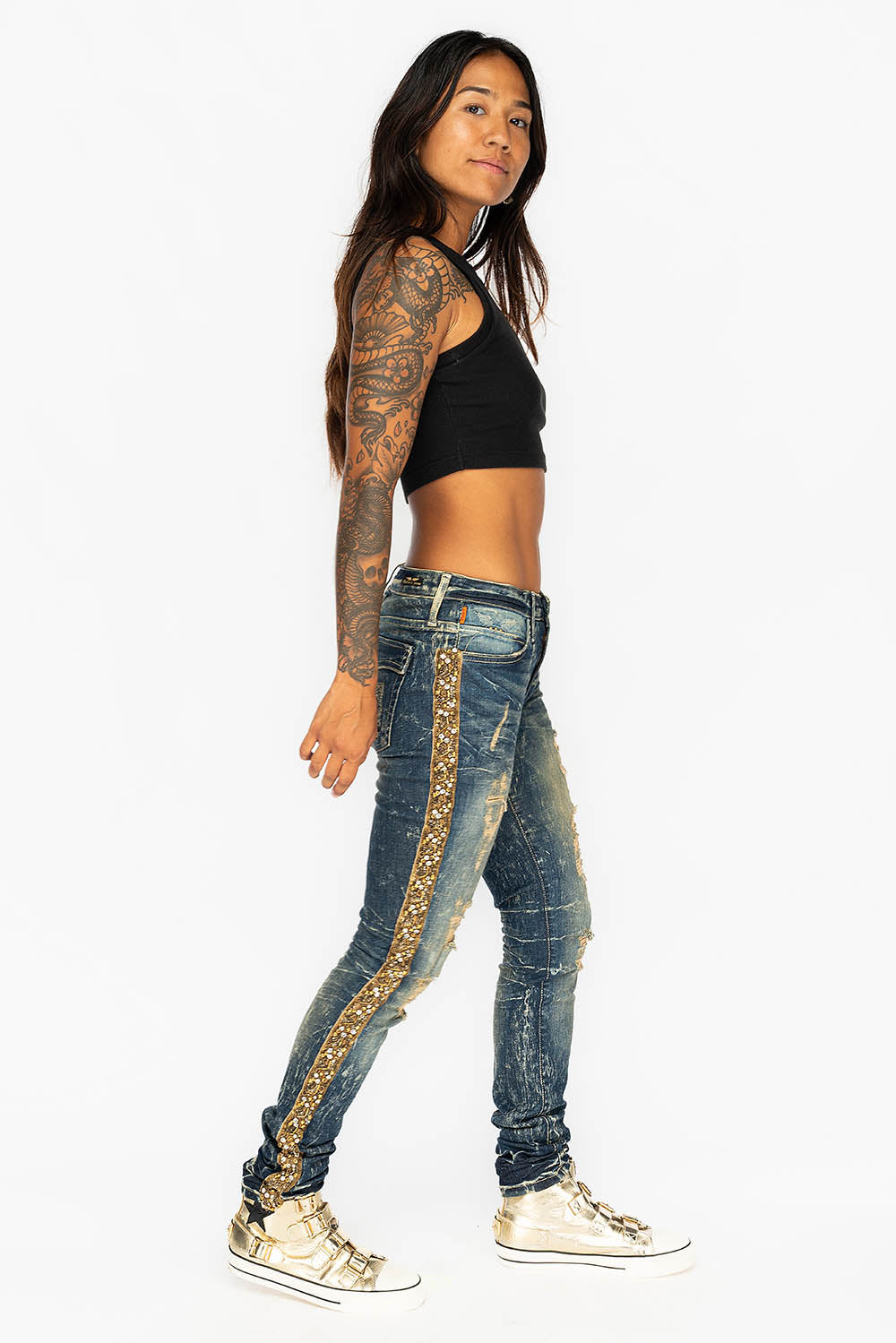 KILLER FLAP WOMENS RIPPED MID RISE SKINNY JEANS IN 4D DARK BROKEN WASH WITH EMBELLISHMENT