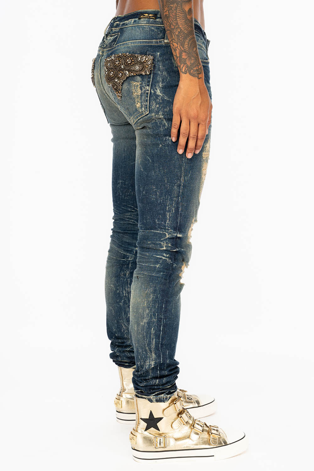 WOMENS RIPPED MID RISE SKINNY JEANS IN 4D DARK BROKEN WASH WITH CRYSTAL EMBELLISHMENT