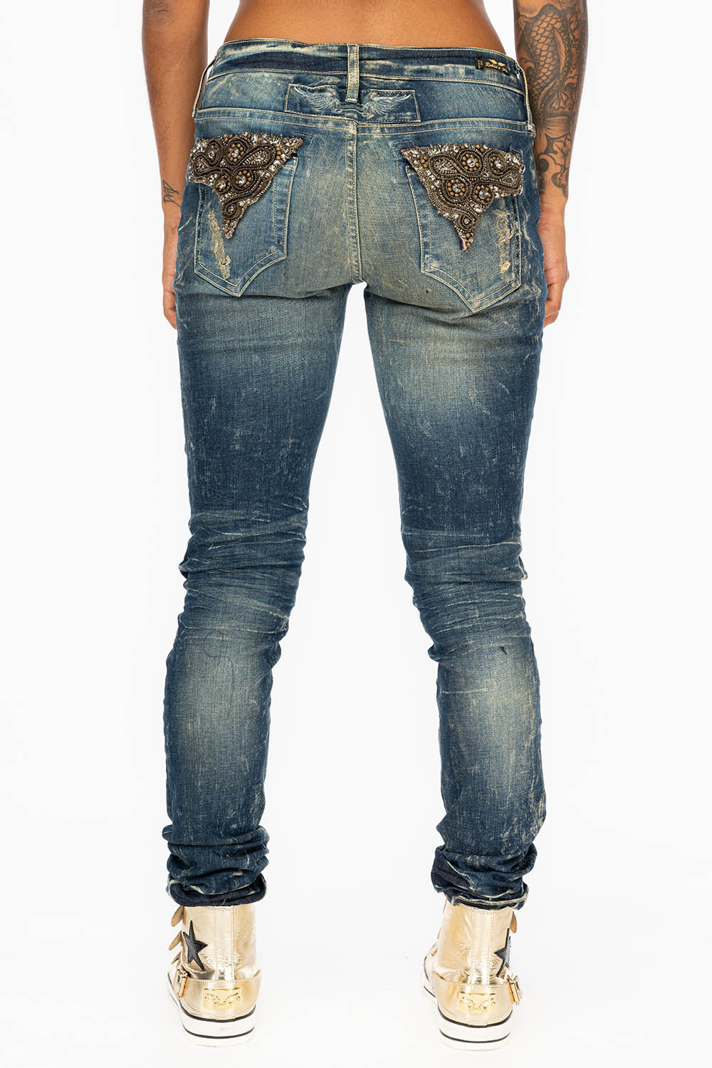 WOMENS RIPPED MID RISE SKINNY JEANS IN 4D DARK BROKEN WASH WITH CRYSTAL EMBELLISHMENT