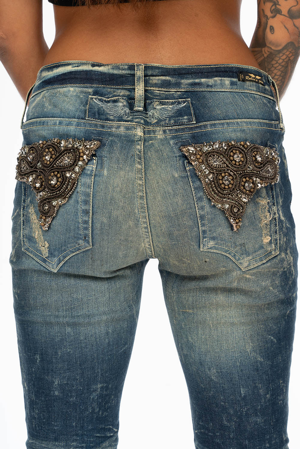 WOMENS RIPPED MID RISE SKINNY JEANS IN 4D DARK BROKEN WASH WITH CRYSTAL EMBELLISHMENT
