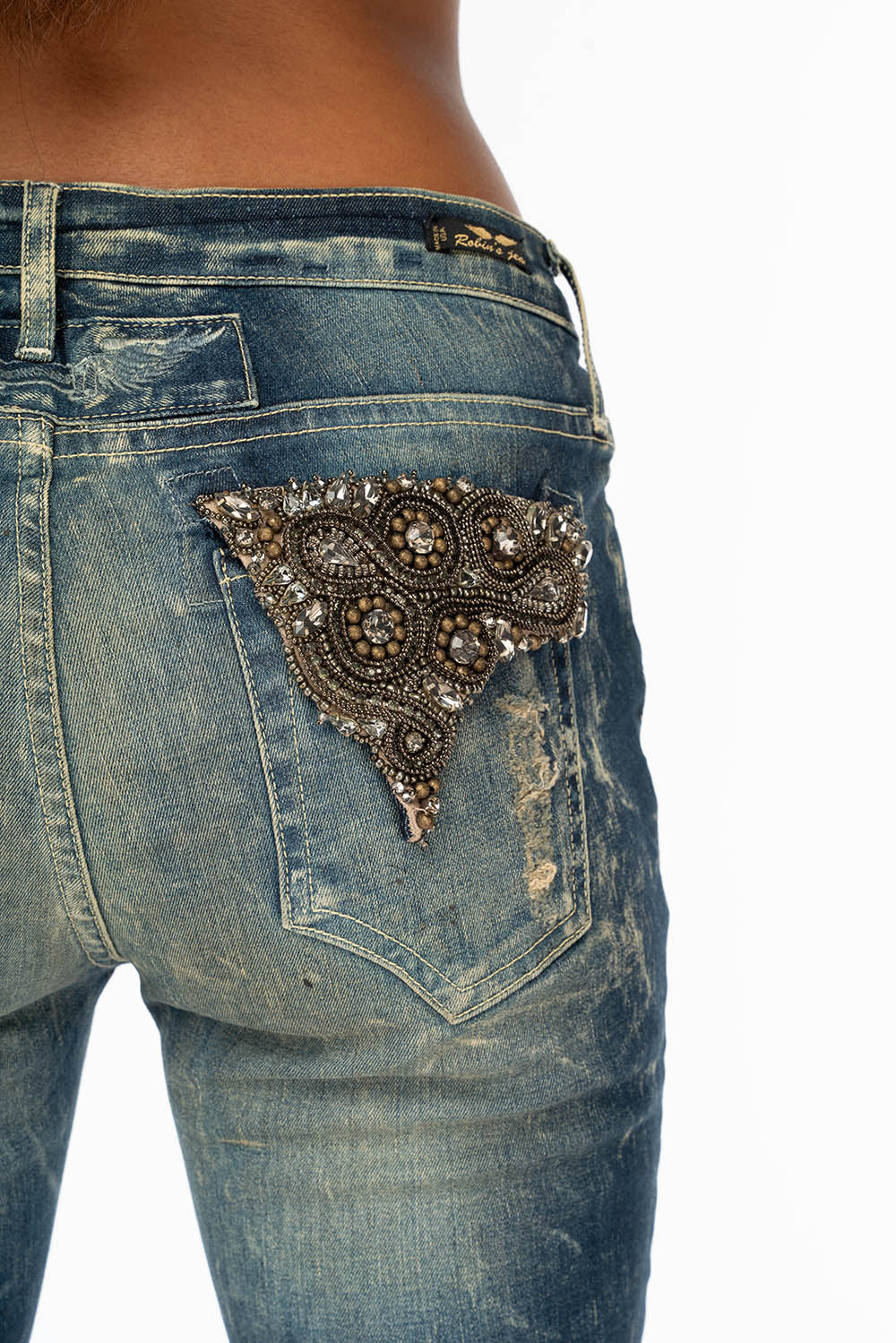WOMENS RIPPED MID RISE SKINNY JEANS IN 4D DARK BROKEN WASH WITH CRYSTAL EMBELLISHMENT