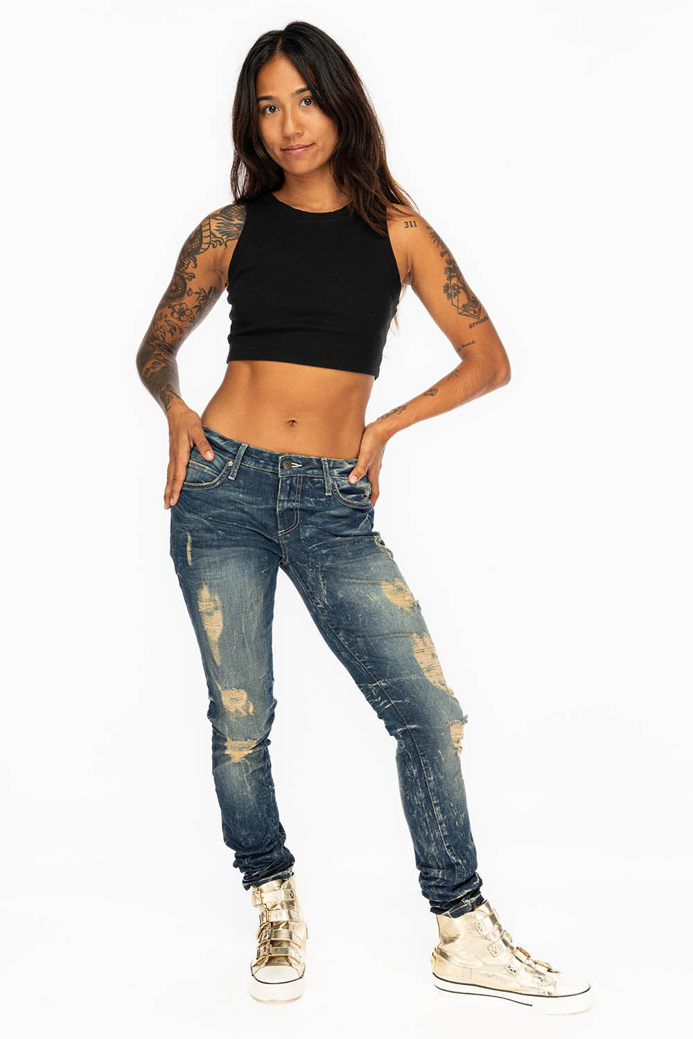 WOMENS RIPPED MID RISE SKINNY JEANS IN 4D DARK BROKEN WASH WITH CRYSTAL EMBELLISHMENT