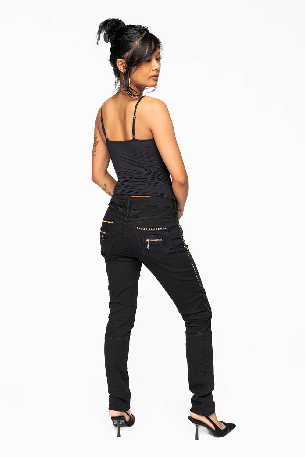 ROBIN'S BIKER WOMENS JEANS IN PURE BLACK EMBELLISHED WITH GOLD CRYSTALS