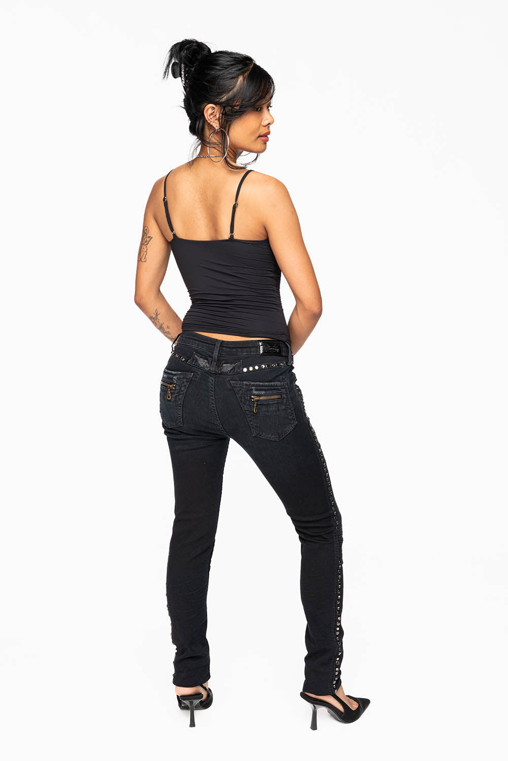 ROBIN'S BIKER WOMENS JEANS IN BROKEN EBONY BLACK EMBELLISHED WITH STUDS AND CRYSTALS