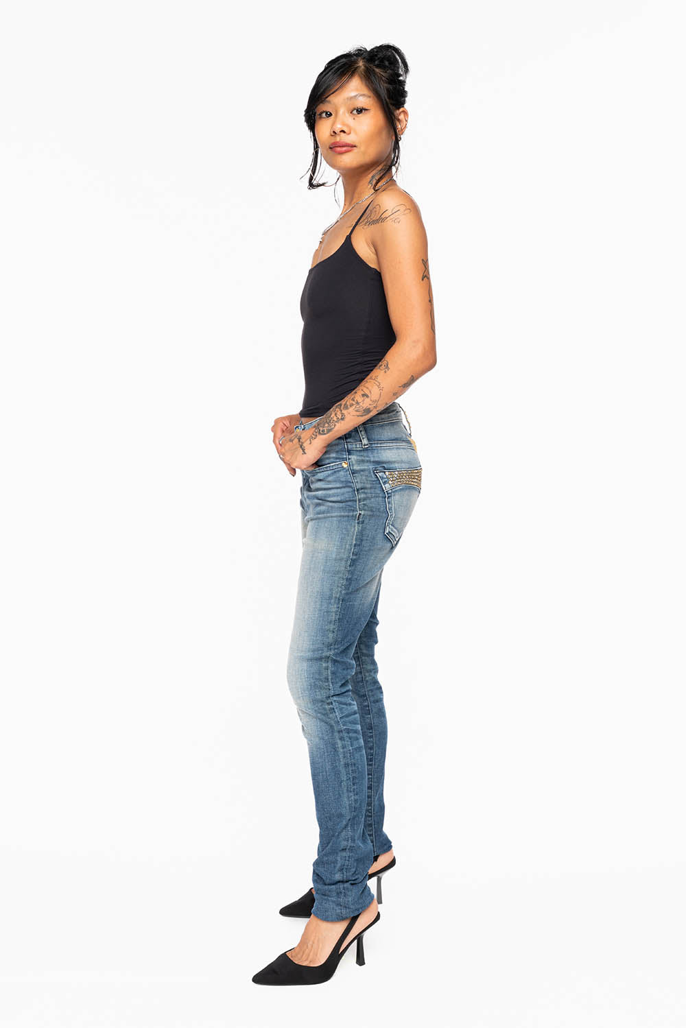 ROBIN'S MIDRISE WOMENS SKINNY JEANS IN LEYTON MEDIUM WASH EMBELLISHED WITH CRYSTALS