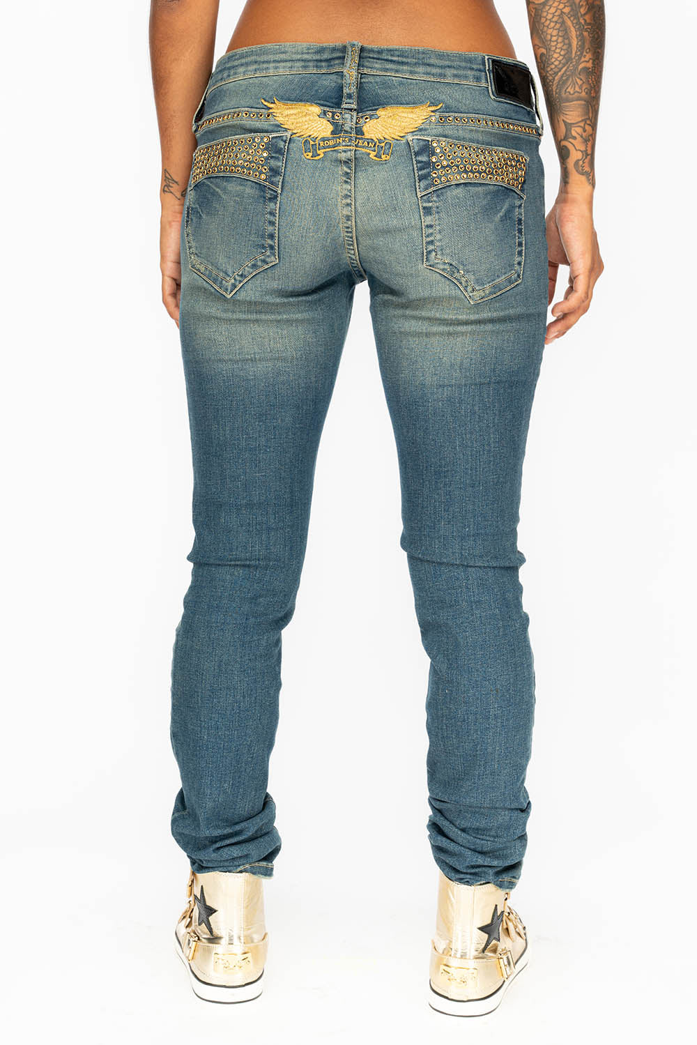 MARILYN WOMENS DISTRESSED STUDDED SKINNY  BLUE JEANS WITH  GOLD EMBELLISHMENT