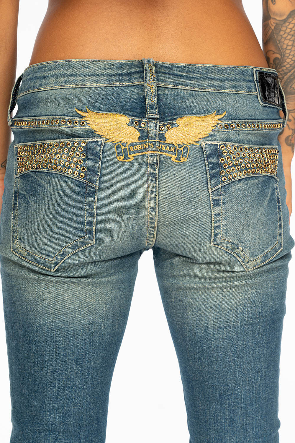 MARILYN WOMENS DISTRESSED STUDDED SKINNY  BLUE JEANS WITH  GOLD EMBELLISHMENT
