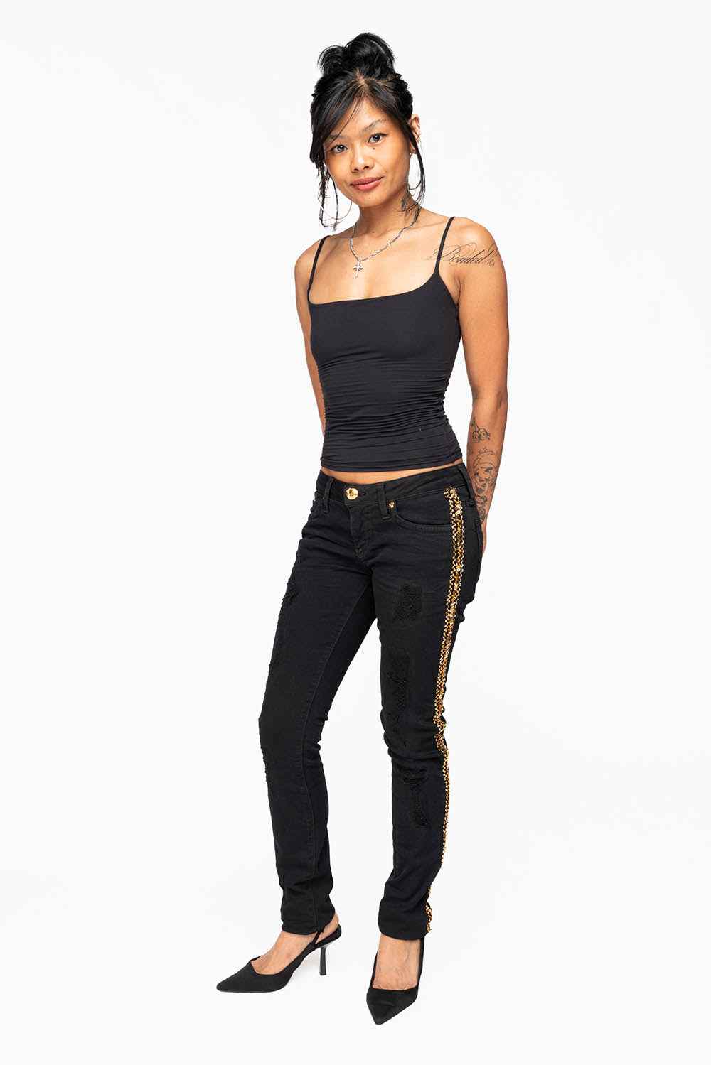 MARILYN WOMENS SKINNY JEAN BROKEN REPAIRED PURE BLK EMBELLISHED WITH GOLD SEQUINS STRIPE