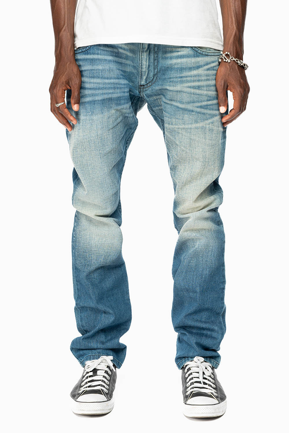 ROBINS RED LABEL LONG FLAP SLIM JEANS IN MEDIUM BLUE WASH WITH STUDS AND CRYSTALS