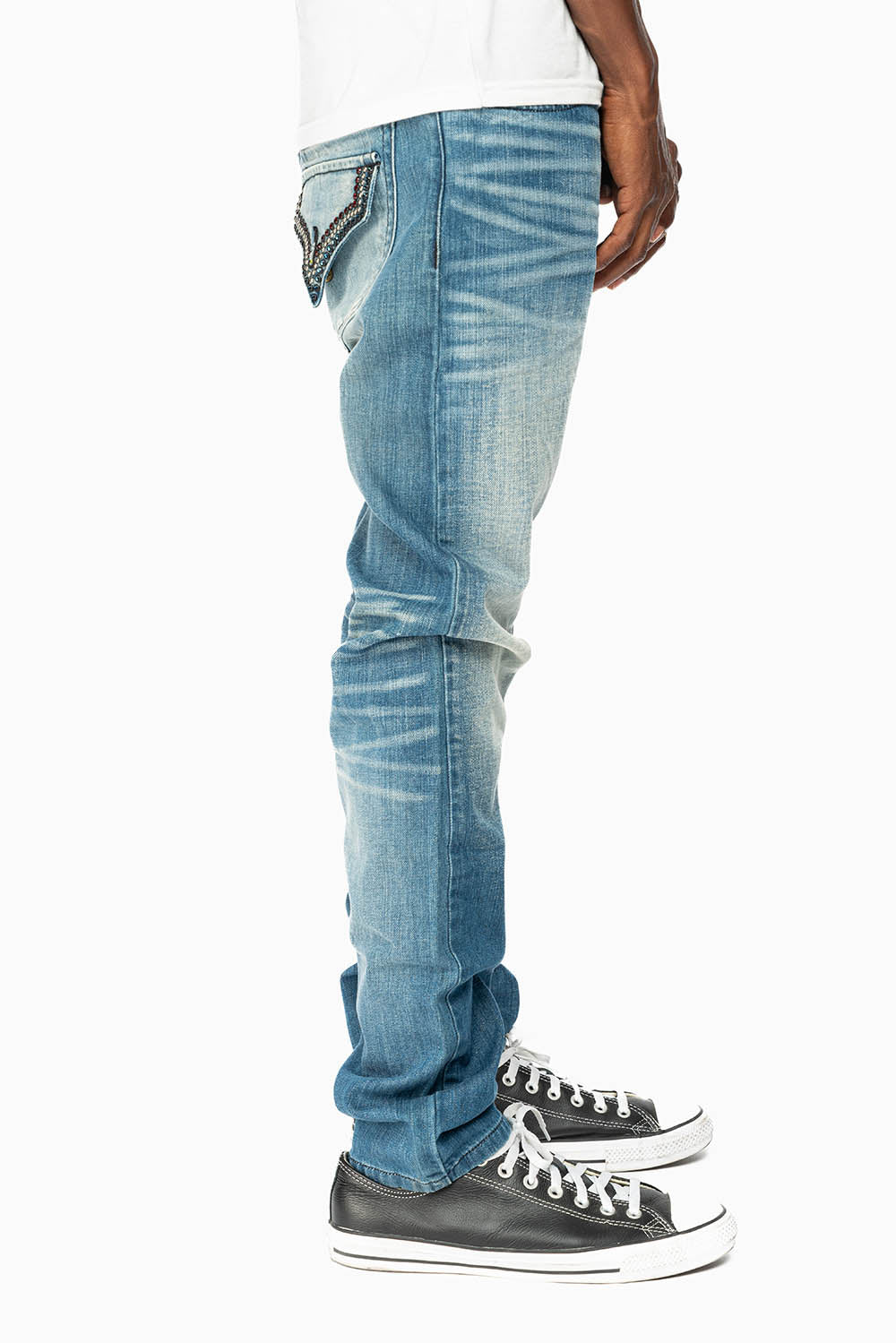 ROBINS RED LABEL LONG FLAP SLIM JEANS IN MEDIUM BLUE WASH WITH STUDS AND CRYSTALS