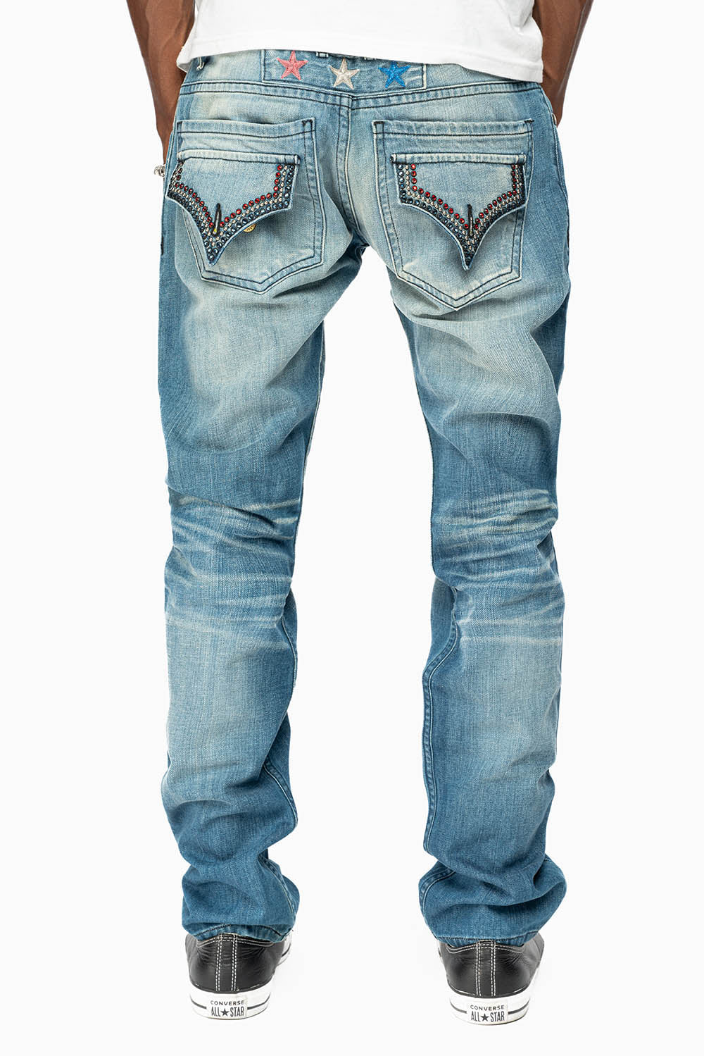 ROBINS RED LABEL LONG FLAP SLIM JEANS IN MEDIUM BLUE WASH WITH STUDS AND CRYSTALS
