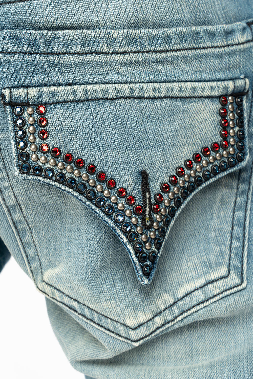 ROBINS RED LABEL LONG FLAP SLIM JEANS IN MEDIUM BLUE WASH WITH STUDS AND CRYSTALS