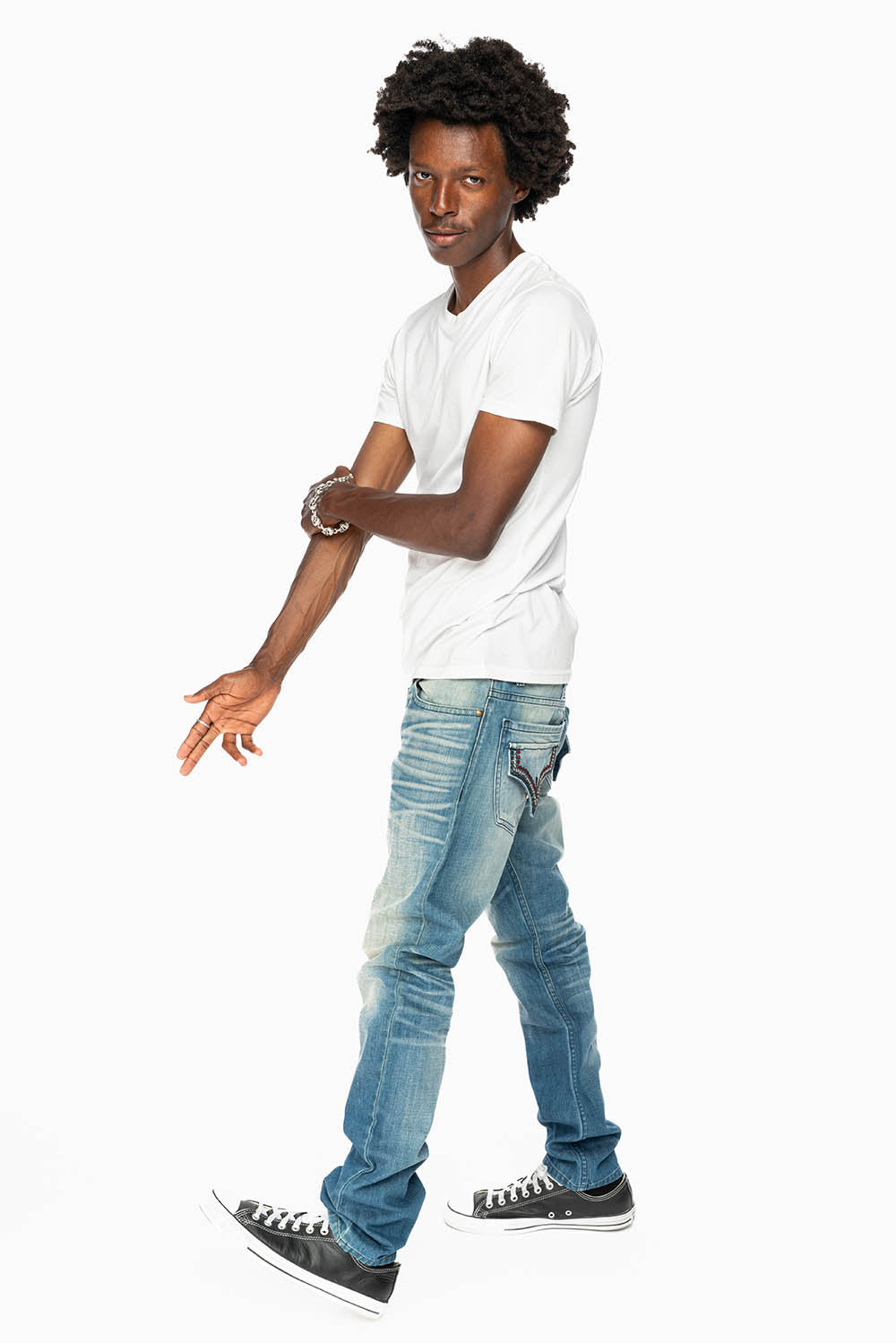 ROBINS RED LABEL LONG FLAP SLIM JEANS IN MEDIUM BLUE WASH WITH STUDS AND CRYSTALS