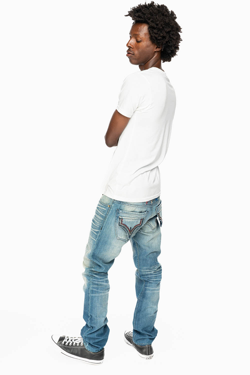 ROBINS RED LABEL LONG FLAP SLIM JEANS IN MEDIUM BLUE WASH WITH STUDS AND CRYSTALS