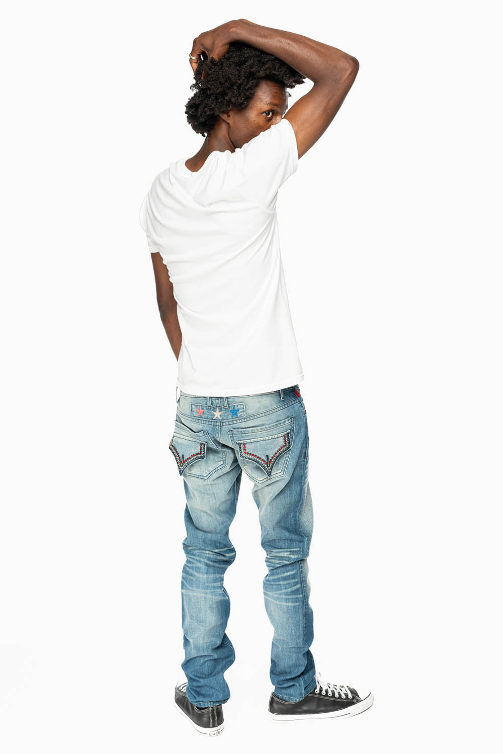 ROBINS RED LABEL LONG FLAP SLIM JEANS IN MEDIUM BLUE WASH WITH STUDS AND CRYSTALS