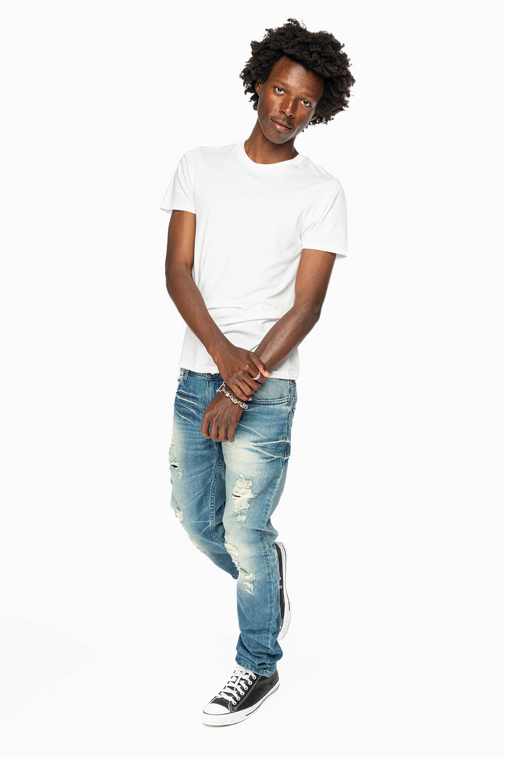 ROBINS RED LABEL LONG FLAP SLIM JEANS IN MEDIUM BLUE BROKEN WASH