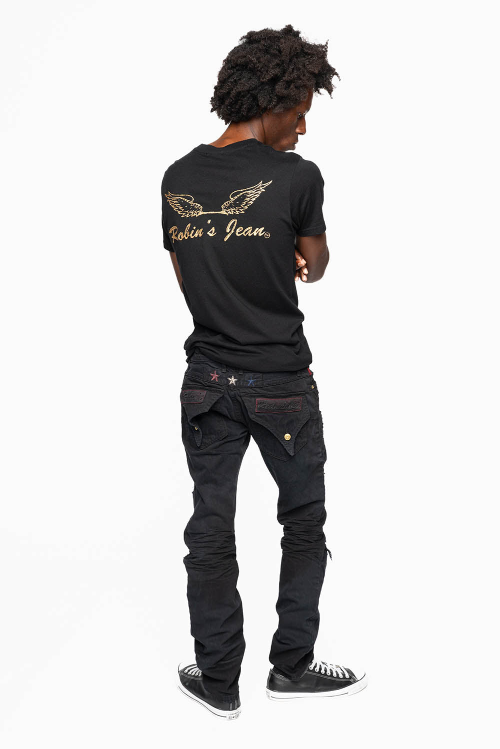 ROBINS RED LABEL LONG FLAP SLIM JEANS IN NOIR DESTROY WASH
