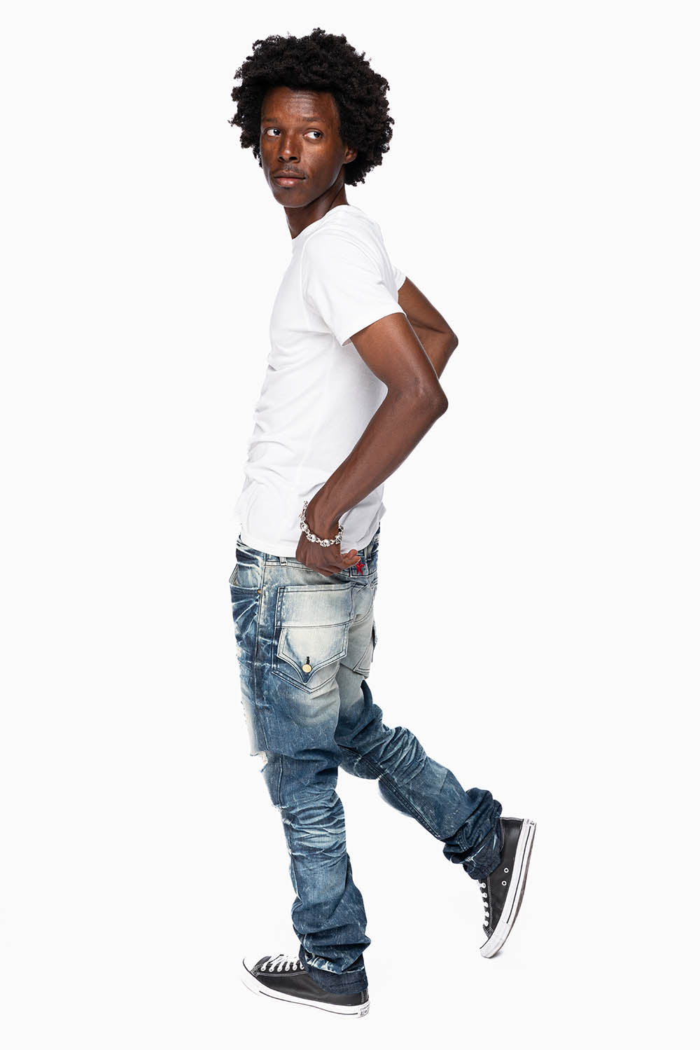 ROBINS RED LABEL LONG FLAP SLIM JEANS IN DARK BLUE BROKEN WASH