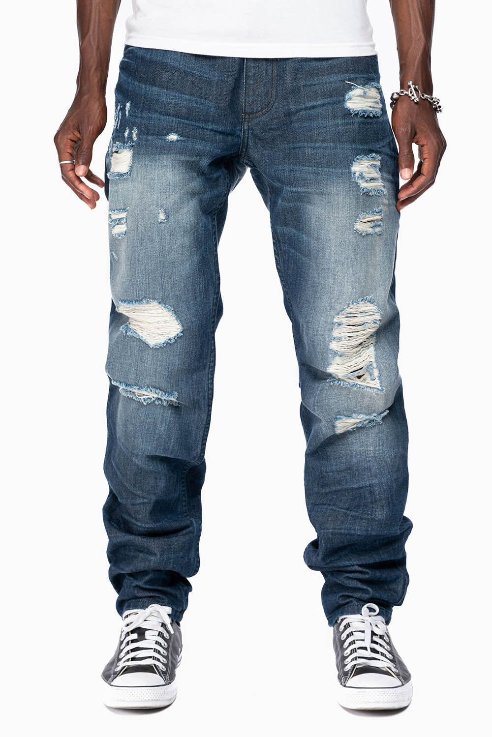 ROBINS RED LABEL LONG FLAP SLIM JEANS IN DARK BLUE BROKEN WASH WITH PATCHES