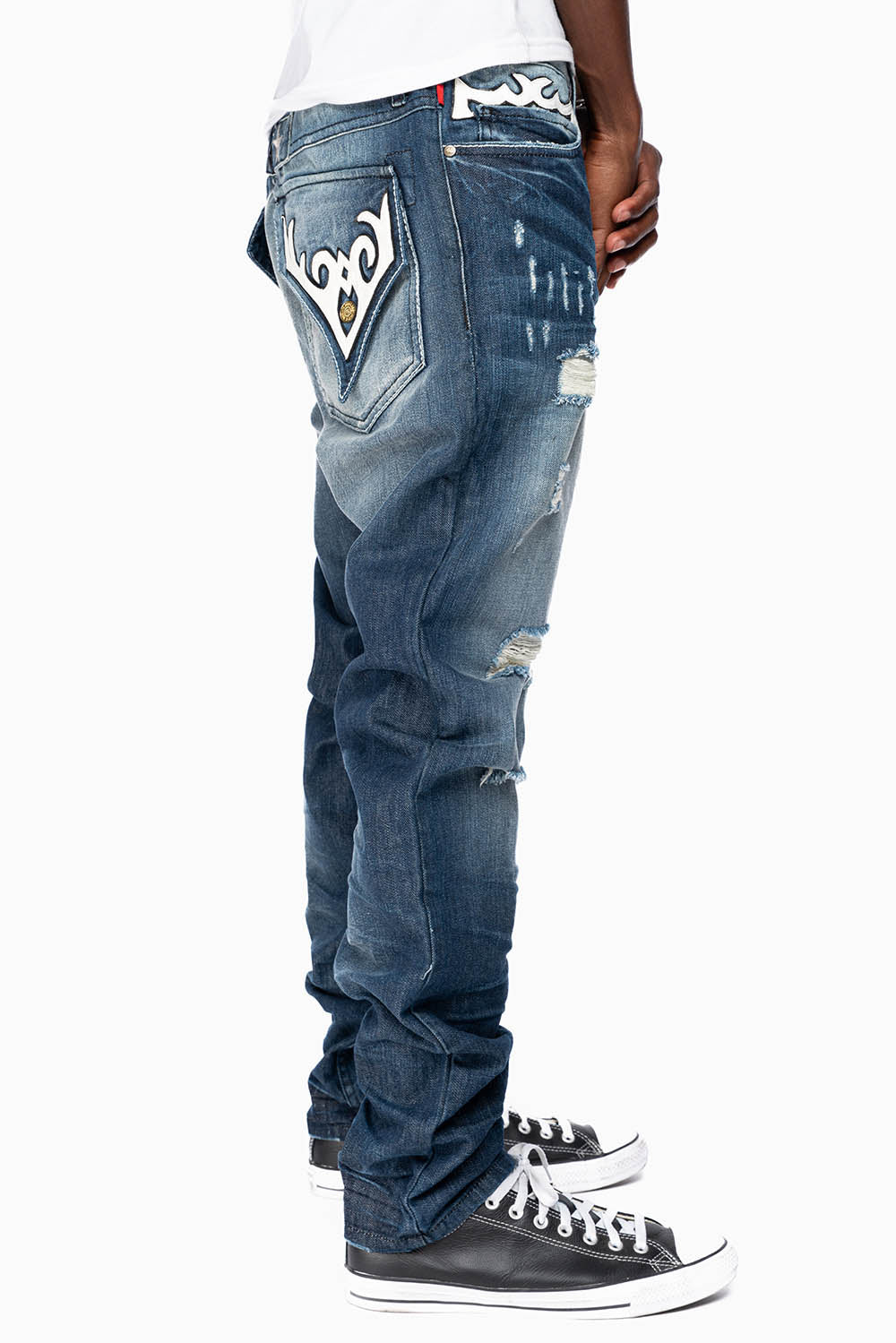 ROBINS RED LABEL LONG FLAP SLIM JEANS IN DARK BLUE BROKEN WASH WITH PATCHES