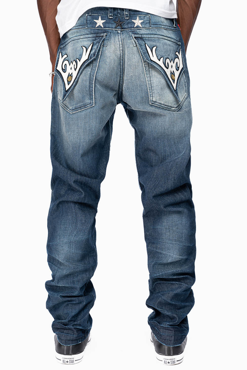 ROBINS RED LABEL LONG FLAP SLIM JEANS IN DARK BLUE BROKEN WASH WITH PATCHES