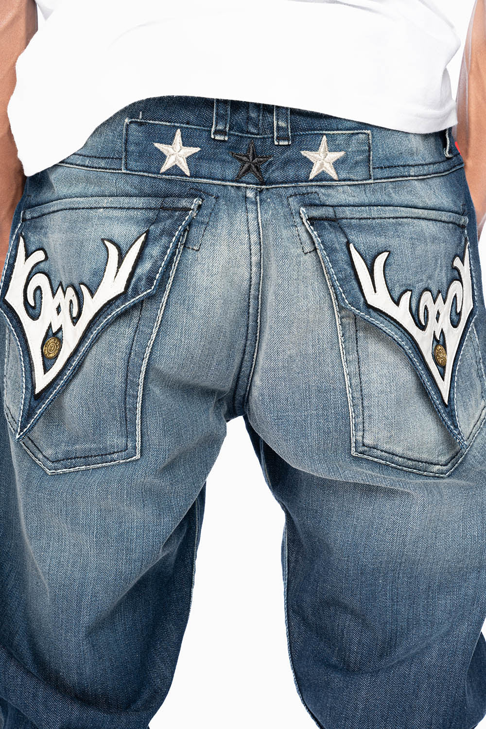 ROBINS RED LABEL LONG FLAP SLIM JEANS IN DARK BLUE BROKEN WASH WITH PATCHES