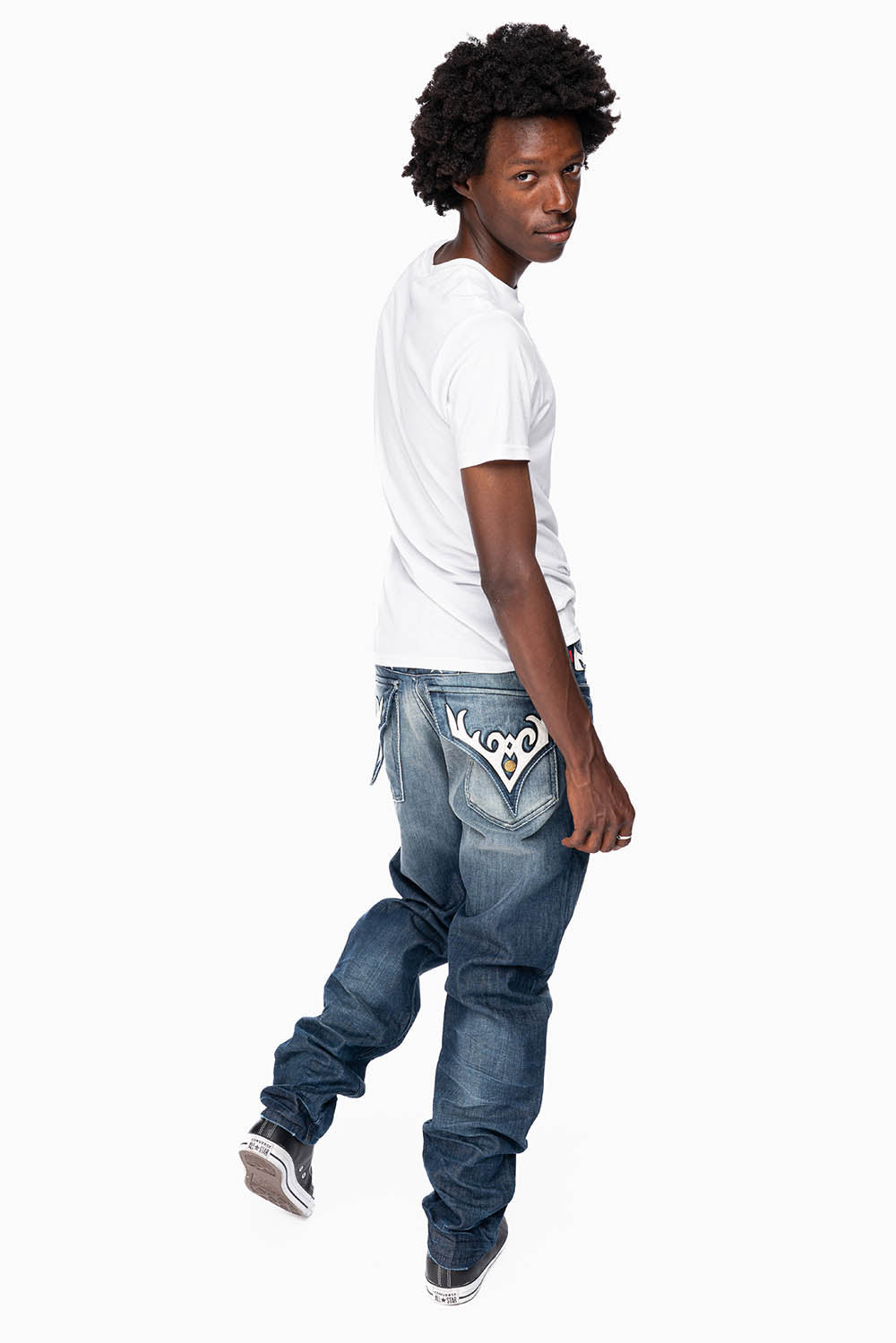 ROBINS RED LABEL LONG FLAP SLIM JEANS IN DARK BLUE BROKEN WASH WITH PATCHES
