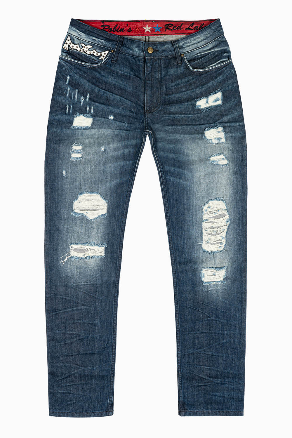 ROBINS RED LABEL SLIM JEANS LONG FLAP/ VINYL EMBELLISHED WITH CRYSTALS IN ALBANY DARK BROKEN