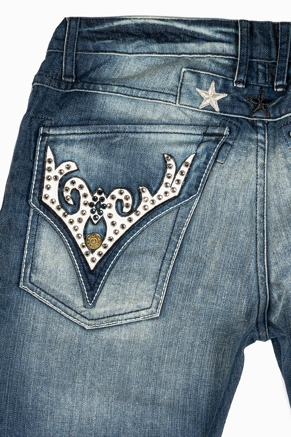 ROBINS RED LABEL SLIM JEANS LONG FLAP/ VINYL EMBELLISHED WITH CRYSTALS IN ALBANY DARK BROKEN
