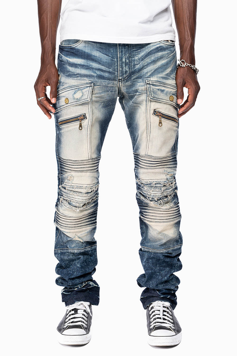 ROBINS RED LABEL MILITARY INSPIRED BIKER JEANS IN DARK BLUE BROKEN WASH