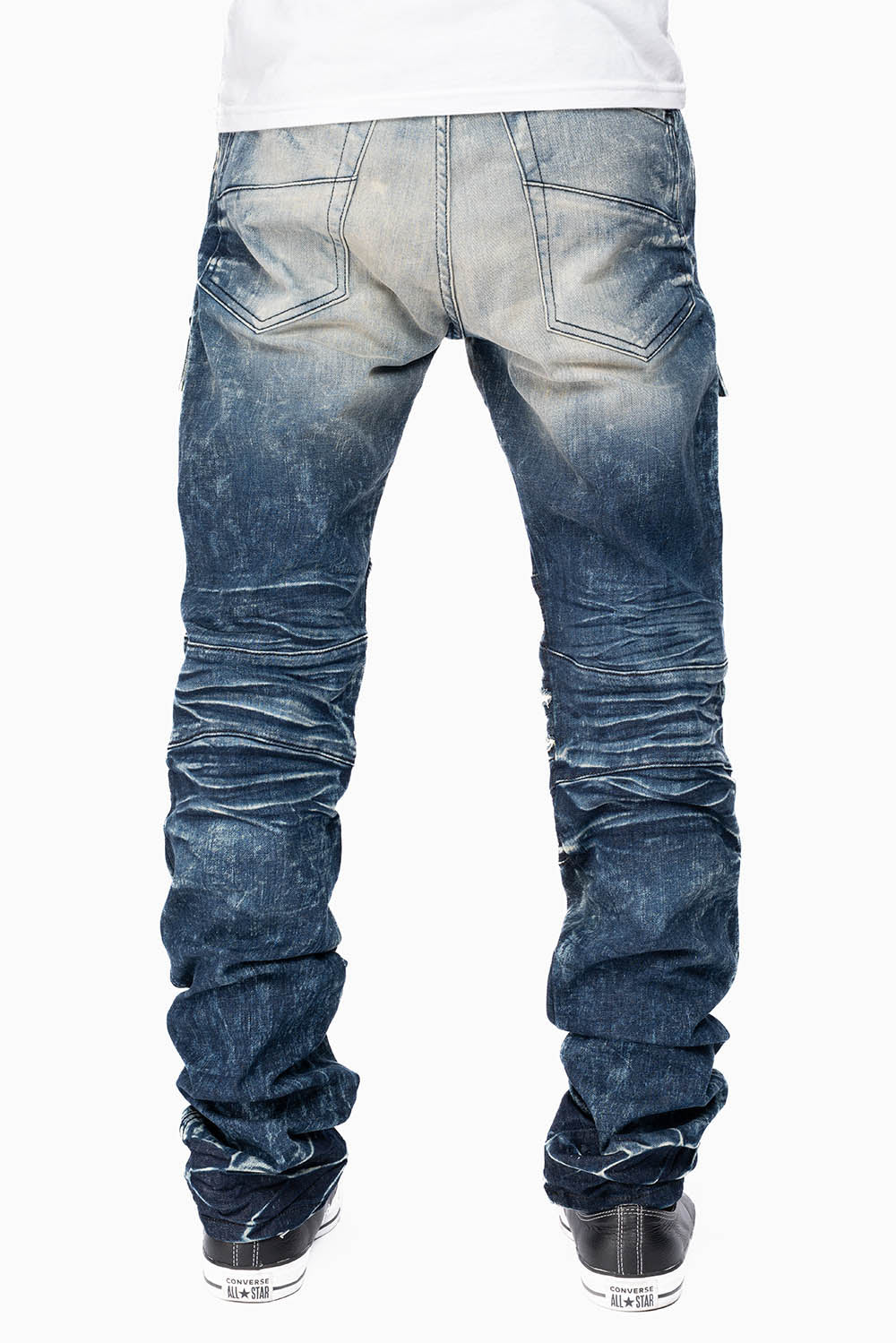 ROBINS RED LABEL MILITARY INSPIRED BIKER JEANS IN DARK BLUE BROKEN WASH