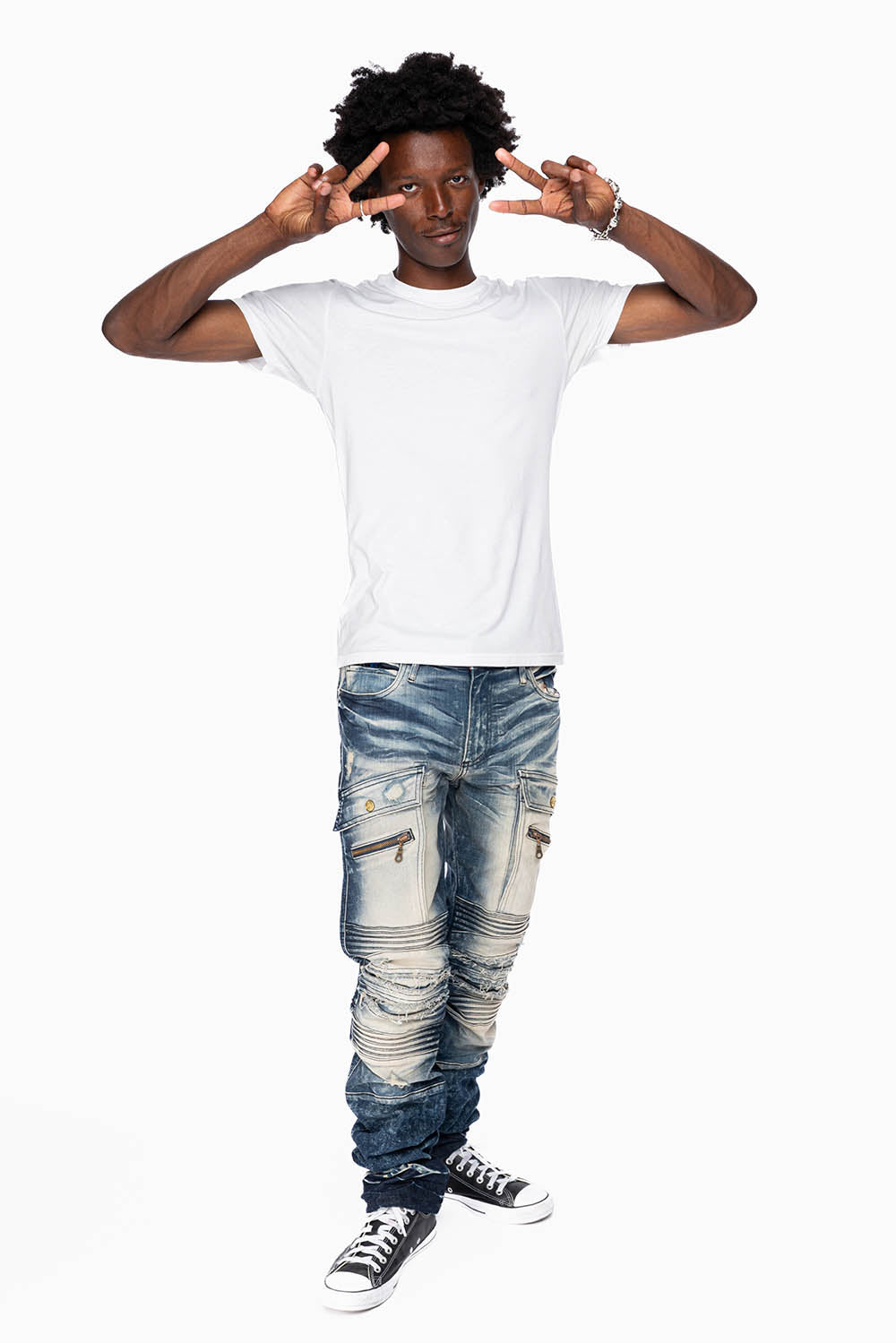 ROBINS RED LABEL MILITARY INSPIRED BIKER JEANS IN DARK BLUE BROKEN WASH