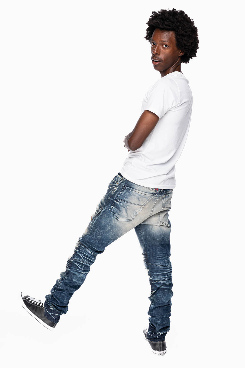 ROBINS RED LABEL MILITARY INSPIRED BIKER JEANS IN DARK BLUE BROKEN WASH